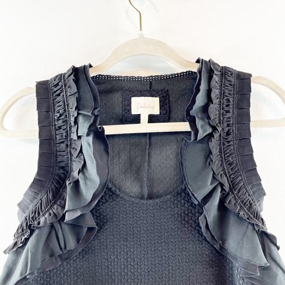 Deletta Anthropologie Ruffle Shoulder Trim Textured Stretch Tank Top Black Small - Picture 6 of 13